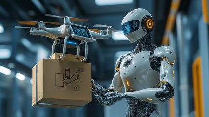 Poster - A robot or cyborg uses a virtual map to launch a drone, delivering packages automatically. This futuristic illustration shows a drone delivery system powered by artificial intelligence.