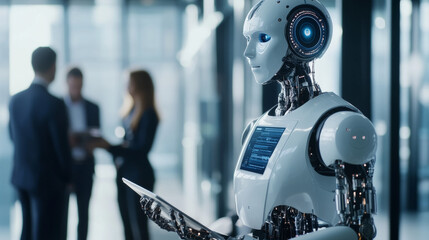 Poster - AI is helping businesses train their employees. A robot with AI is analyzing business data using a neural network.  Business leaders are meeting to discuss their strategy.