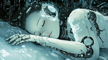 Poster - A robot woman,curled up and asleep in a digital world,is connected to a network of data signals.The illustration shows a futuristic robot with human-like features,representing artificial intelligence.