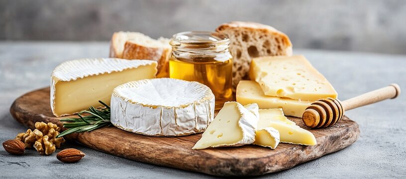A wooden board with various types of cheese, including brie and camembert slices