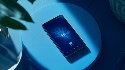 A smartphone is wirelessly charging on a blue surface. The battery icon on the screen shows it's charging.  You're looking at the phone from above.