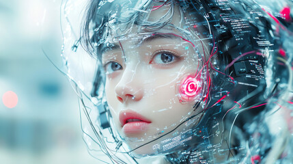Poster - A robot with wires, surrounded by digital data. A beautiful woman with artificial intelligence, part human, part machine. A machine that thinks and processes information.