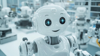 Poster - A robot with artificial intelligence is being built in a factory. This is an example of automation in manufacturing, part of Industry 4.0. AI controls the robotic arms in this modern factory.