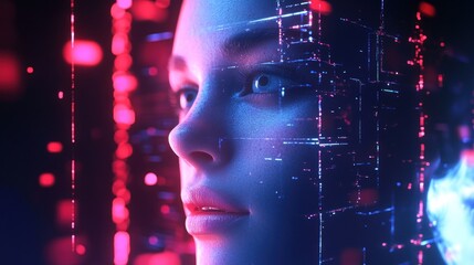 Poster - Close-up of a Woman's Face Overlaid with a Neon Grid