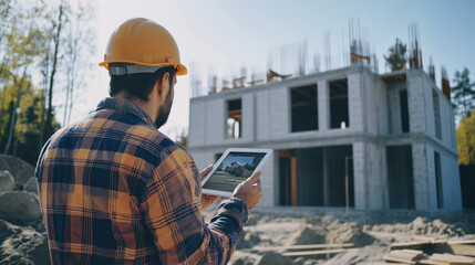 Poster - A 3D printer builds walls and a house using cement. This new building method is being used on a construction site. An engineer watches the printer create the house on a tablet.