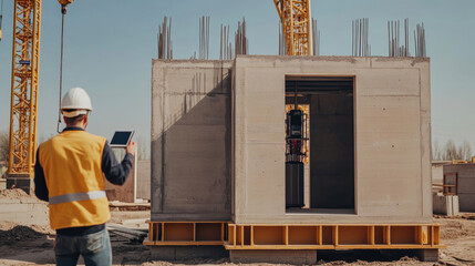 Poster - A 3D printer builds walls and a house using cement. This new building method is being used on a construction site. An engineer watches the printer create the house on a tablet.