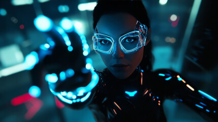 Poster - A sleek robot woman, powered by artificial intelligence, soars through the digital landscape of the metaverse. This cyborg, a vision of beauty in a virtual realm, embodies the future of technology.