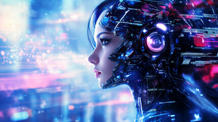 Poster - A sleek robot woman, powered by artificial intelligence, soars through the digital landscape of the metaverse. This cyborg, a vision of beauty in a virtual realm, embodies the future of technology.