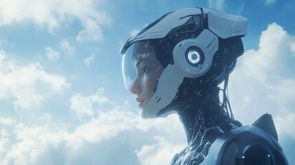 Poster - A sleek robot woman, powered by artificial intelligence, soars through the digital landscape of the metaverse. This cyborg, a vision of beauty in a virtual realm, embodies the future of technology.