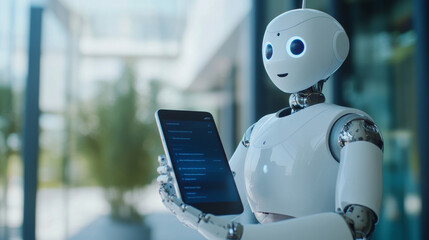Poster - A bank's smartphone app uses AI to help customers through a chatbot. This chatbot offers financial advice and support. The bank also has a virtual assistant, like a robot, to help customers online.
