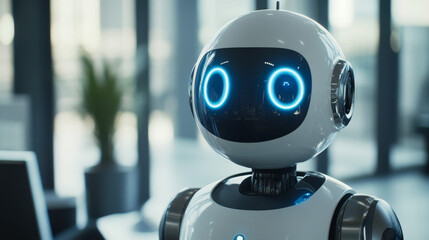 Poster - A bank's smartphone app uses AI to help customers through a chatbot. This chatbot offers financial advice and support. The bank also has a virtual assistant, like a robot, to help customers online.