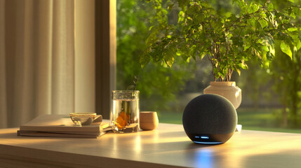 Poster - This smart speaker lets you control your home with your voice. It connects to the internet and can answer your questions, making your home smarter and more connected.