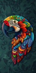 Wall Mural - Detailed flat lay of a parrot head with vibrant tribal designs.