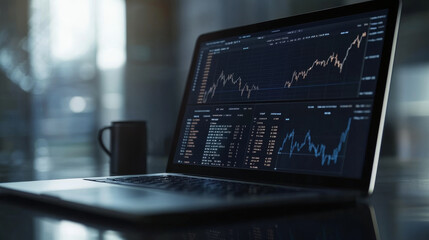 Poster - A laptop screen shows financial data. It includes charts, graphs, and numbers related to investments and trading. The 3D design makes it look like a business concept illustration.