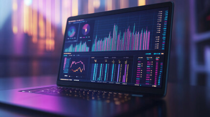 Poster - A laptop screen shows financial data. It includes charts, graphs, and numbers related to investments and trading. The 3D design makes it look like a business concept illustration.