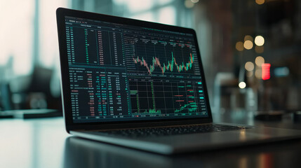 Poster - A laptop screen shows financial data. It includes charts, graphs, and numbers related to investments and trading. The 3D design makes it look like a business concept illustration.