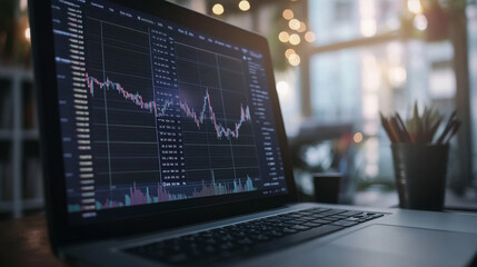 Poster - A laptop screen shows financial data. It includes charts, graphs, and numbers related to investments and trading. The 3D design makes it look like a business concept illustration.