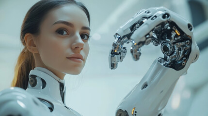 Poster - Industry 4.0 uses artificial intelligence to automate production in smart factories. AI helps manage industrial processes intelligently.  A robotic woman holds a robotic arm in her hand.