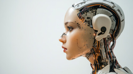 Poster - A stunning robot woman stands against a white backdrop.  She's connected to a network with wires, showcasing her artificial intelligence.  This cyborg has a human-like face and hands.