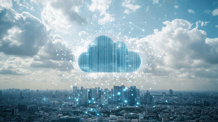 Poster - A city skyline with a database at its center represents data storage and cloud computing. This image shows the vastness of digital technology and how it connects us all through networks.