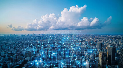 Poster - A city skyline with a database at its center represents data storage and cloud computing. This image shows the vastness of digital technology and how it connects us all through networks.