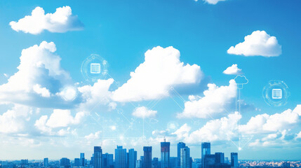 Poster - A city skyline with a database at its center represents data storage and cloud computing. This image shows the vastness of digital technology and how it connects us all through networks.