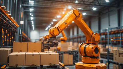 Poster - Smart warehouse,robotic arms efficiently stack boxes onto pallets.This automated system manages the storage of products,showcasing how AI-powered robots are transforming the manufacturing industry.