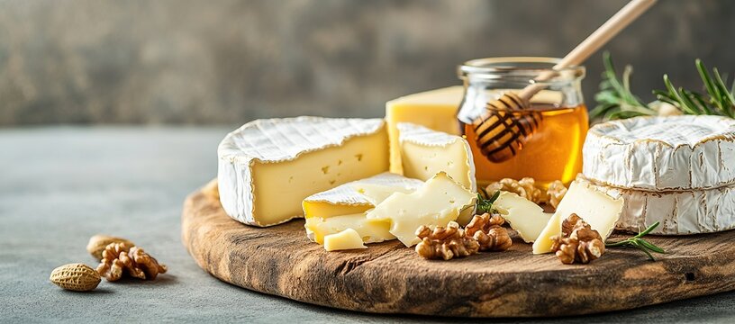 A wooden board with various types of cheese, including brie and camembert slices,