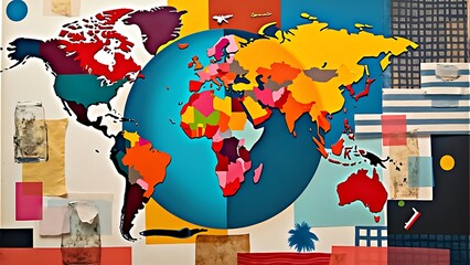 World, globe and collage art made of paper school project, humanity and eco friendly banner. Colourful, vibrant pop and creative graphic design poster for background, wallpaper and backdrop mockup