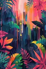 Canvas Print - A painting of a jungle with many different colored leaves and flowers. The painting is full of bright colors and has a lively, tropical feel to it