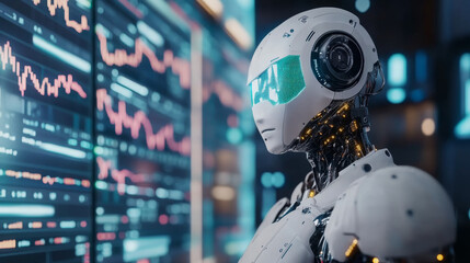 Poster - A robot uses artificial intelligence to analyze stock market charts. A female robot assistant helps trade foreign currencies.  Automated AI systems create trading strategies for the stock market.
