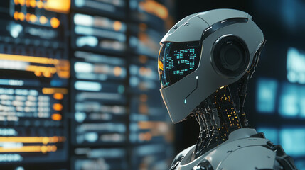 Poster - A robot uses artificial intelligence to analyze stock market charts. A female robot assistant helps trade foreign currencies.  Automated AI systems create trading strategies for the stock market.