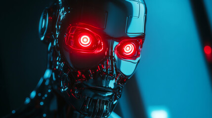 Poster - A scary-looking AI appears on a phone screen. It has glowing red eyes, like a cyborg. This image represents a dangerous AI that could harm your phone or steal your data.