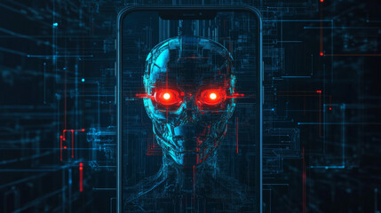 Poster - A scary-looking AI appears on a phone screen. It has glowing red eyes, like a cyborg. This image represents a dangerous AI that could harm your phone or steal your data.
