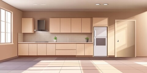 A kitchen with white cabinets and a white refrigerator. The kitchen is empty and has a clean, minimalist look