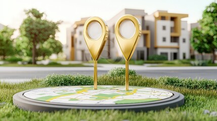 Poster - golden gps location pins on city map with buildings in background
