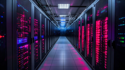 Poster - A data center is like a digital warehouse, full of servers that power cloud computing. These servers connect to the internet, exchanging information and lighting up the room with their busy activity.