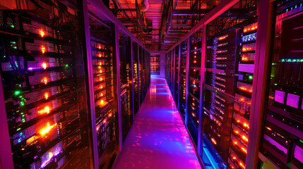 Poster - A data center is like a digital warehouse, full of servers that power cloud computing. These servers connect to the internet, exchanging information and lighting up the room with their busy activity.
