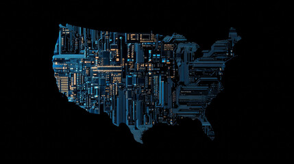 Poster - A design showing the USA as a circuit board, with a computer chip or processor. It highlights the country's role in technology and the microelectronics industry.