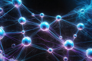 Poster - Abstract cybernetic network with interconnecting nodes and illuminated paths, set against a dark background to emphasize the complexity of digital connections.