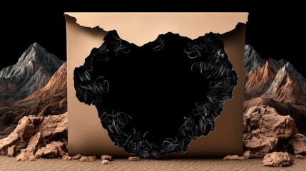 Wall Mural - Torn Paper Abstract Background with Mountain Landscape and Black Hole