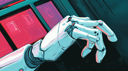 Poster - A robot hand presses a button on a touchscreen to prevent spam and hacking. This is shown in an illustration. It helps protect against bots that try to harm online systems.