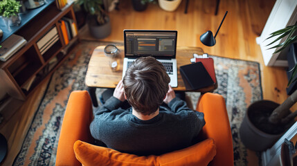 Poster - Teams working from home use laptops to connect and manage their work online. They use internet tools to communicate, hold meetings, and collaborate remotely.