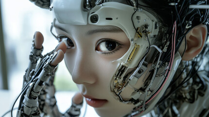 Poster - A robot woman with a human-like face and mechanical hands is connected to a cybernetic system. Her artificial brain is vulnerable to cyber attacks.