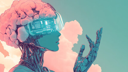 Poster - ai can analyze information stored in the digital cloud. imagine a robot woman holding data from the 