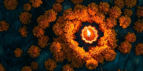 Poster - Overhead view of a lit diya surrounded by marigold flowers for Diwali.