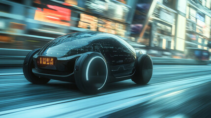 Poster - A robot is driving a car that drives itself. The car's computer brain uses artificial intelligence to navigate. This is a futuristic idea of how transportation could work.