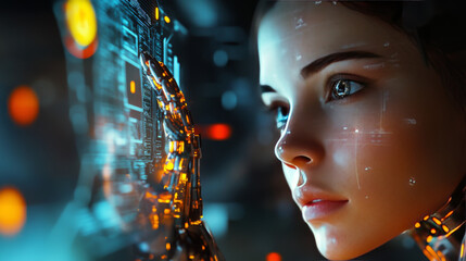 Poster - A robot woman, or female cyborg, with a beautiful face and a robotic hand, works on a 3D holographic screen.  She presses a button on the screen, showing the possibilities of artificial intelligence.