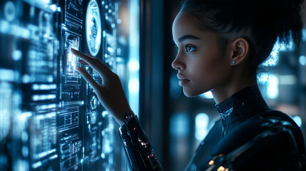 Poster - A robot woman, or female cyborg, with a beautiful face and a robotic hand, works on a 3D holographic screen.  She presses a button on the screen, showing the possibilities of artificial intelligence.