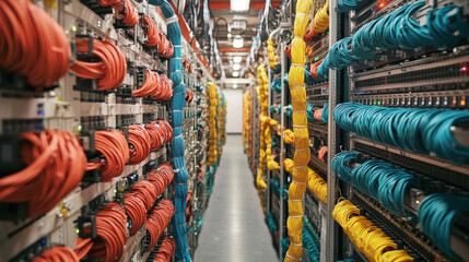 Poster - A modern server room with rows of computer racks, connected by high-speed fiber optic cables. This is where data is stored and processed, powering websites and online services.